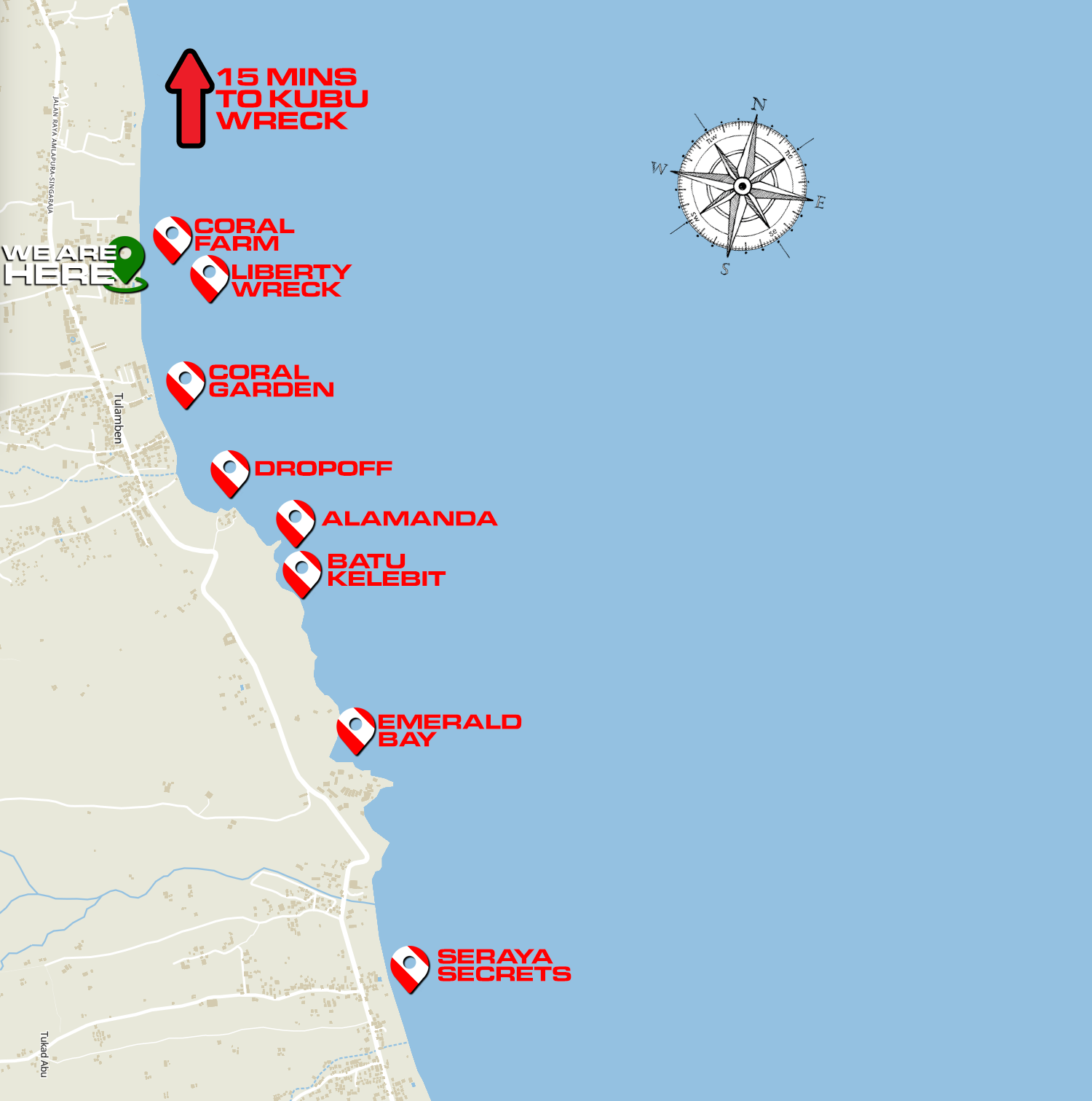 BALI-dive-tulamben-map-M tulamben kubu wreck scuba diving dive sites map USAT Liberty coral garden drop off dropoff batu Kelebit Seraya Secrets the wall Alamanda