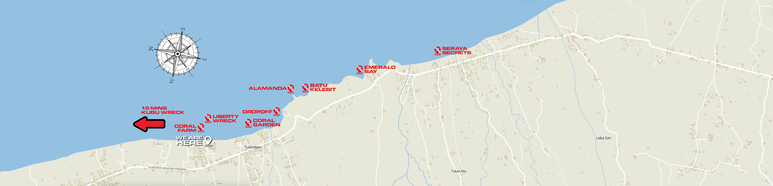 BALI-dive-tulamben-map tulamben kubu wreck scuba diving dive sites map USAT Liberty coral garden drop off dropoff batu Kelebit Seraya Secrets the wall Alamanda